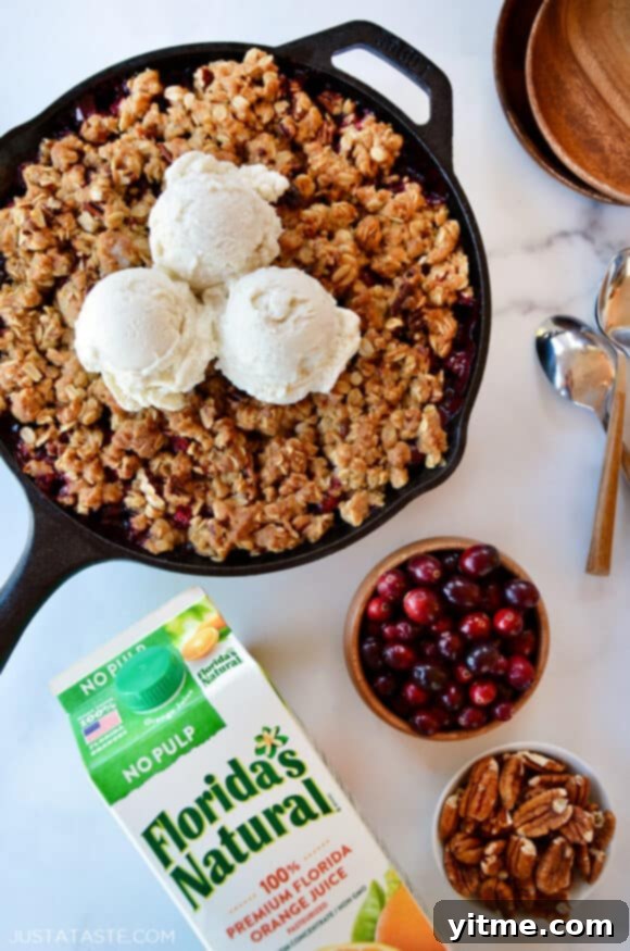 A skillet containing cranberries and a crisp topping with ice cream
