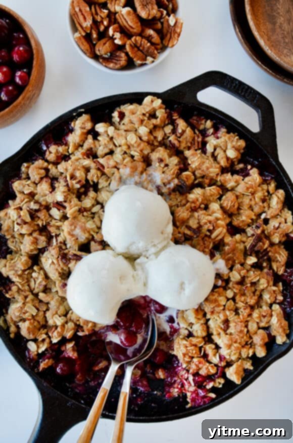 A cranberry crisp with ice cream on top and spoons sticking out
