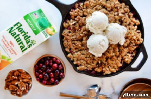 An overhead shot of a skillet containing cranberries and topped with ice cream