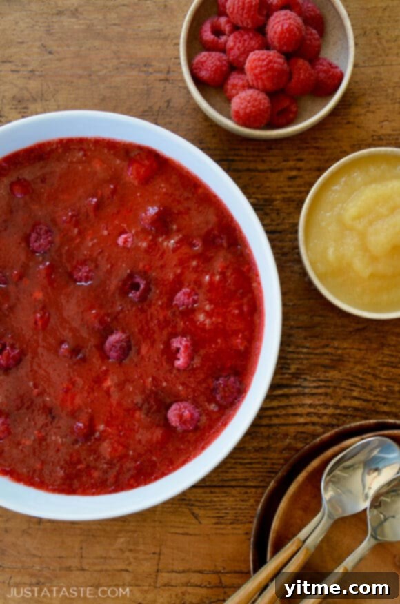 A vibrant white bowl showcasing the delicious Raspberry Applesauce Jell-O salad
