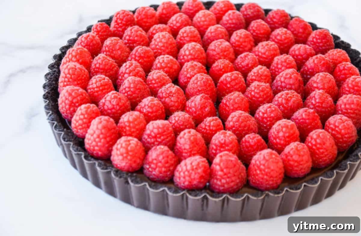 Effortless Raspberry Chocolate Tart 6 A decadent chocolate tart in a tart pan, generously topped with fresh raspberries.