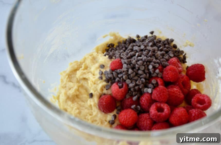 A mixing bowl filled with muffin batter, fresh raspberries, and mini chocolate chips, ready to be combined.
