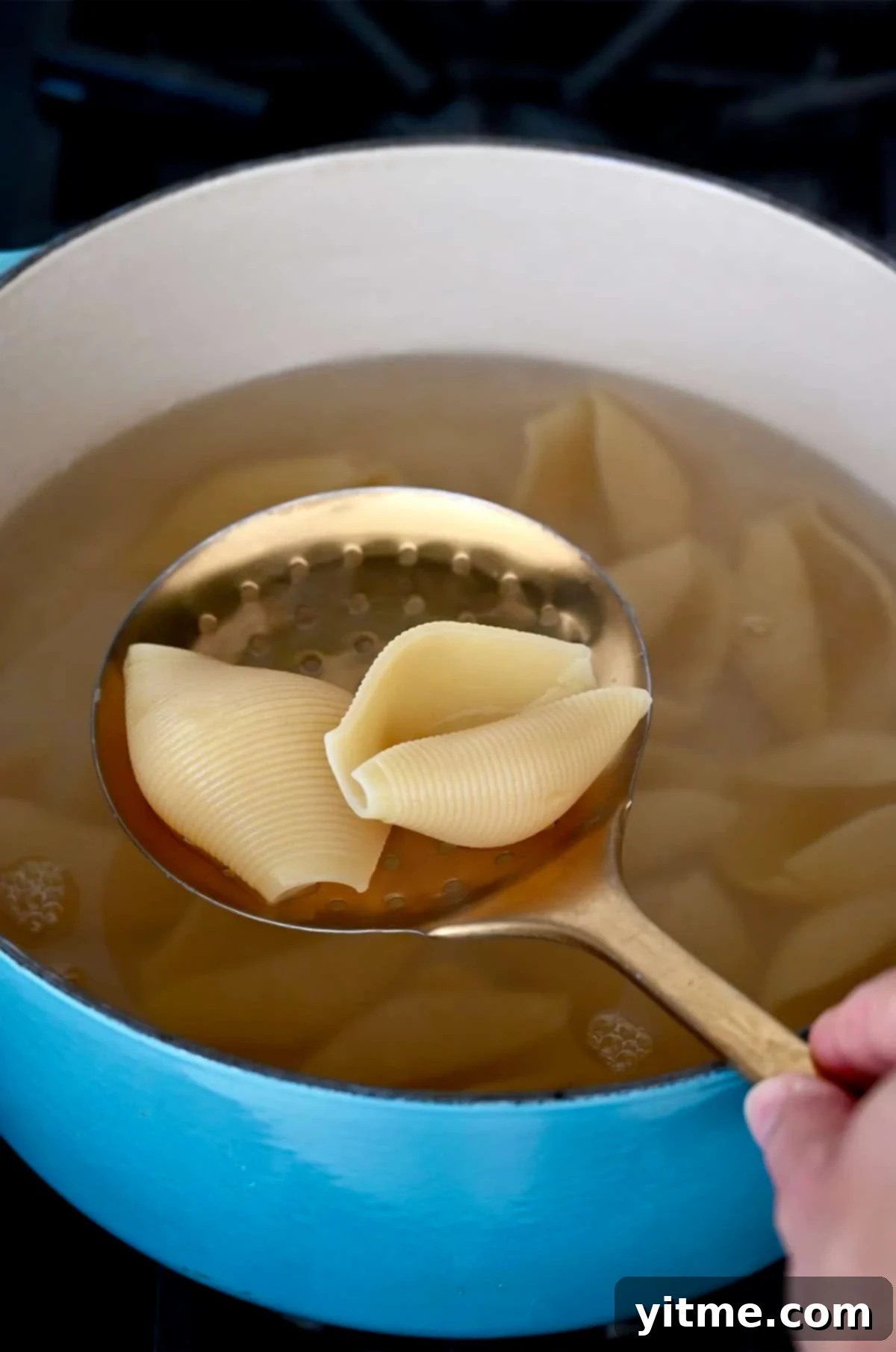 Two jumbo pasta shells cooked to al dente on a slotted spoon above a pot of boiling water with more shells.