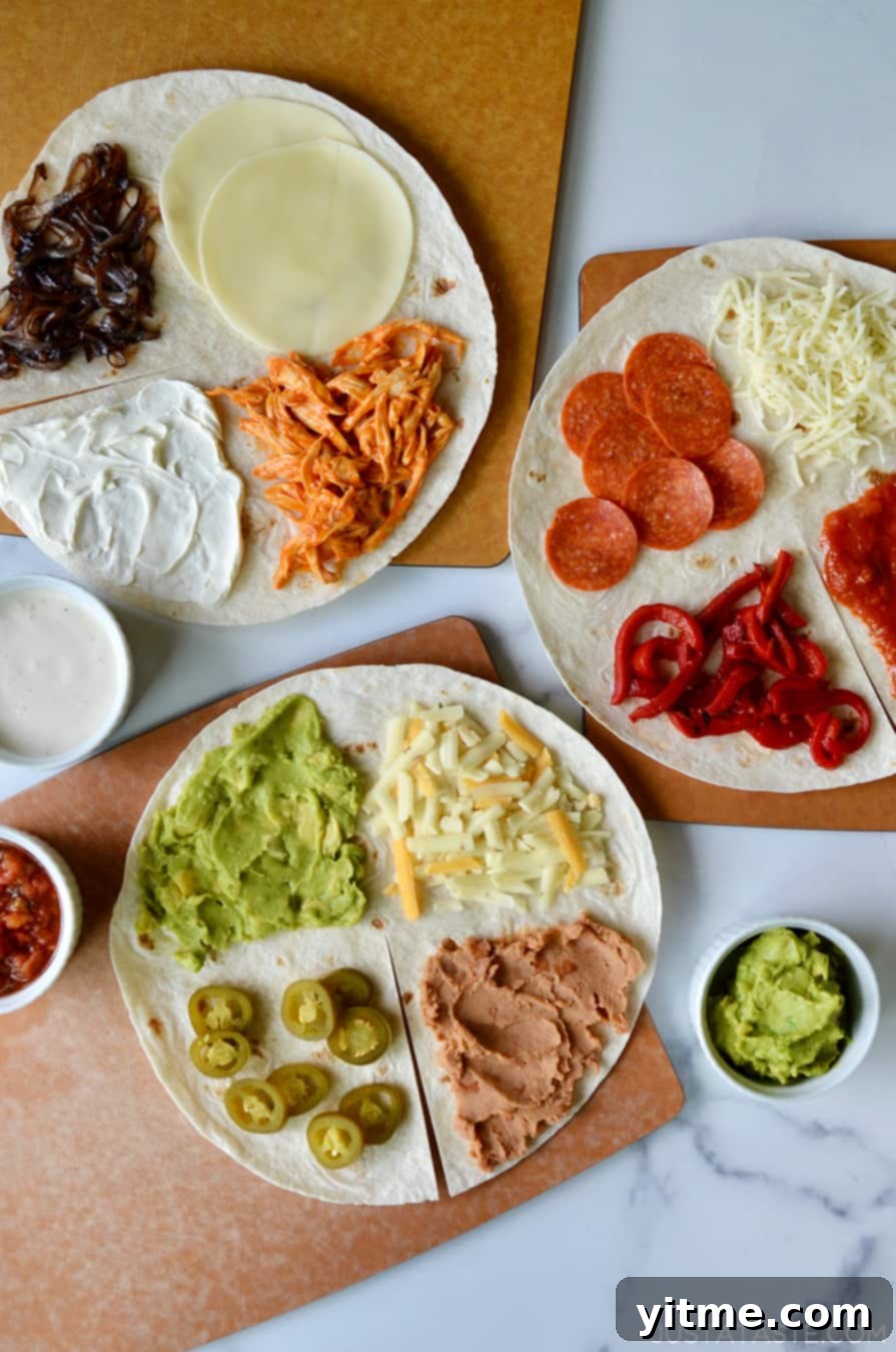 Tortilla Wrap Transformation 4 Examples of the Tortilla Wrap Hack: an open-faced nacho-inspired tortilla, a buffalo chicken tortilla, and a pizza-style tortilla.