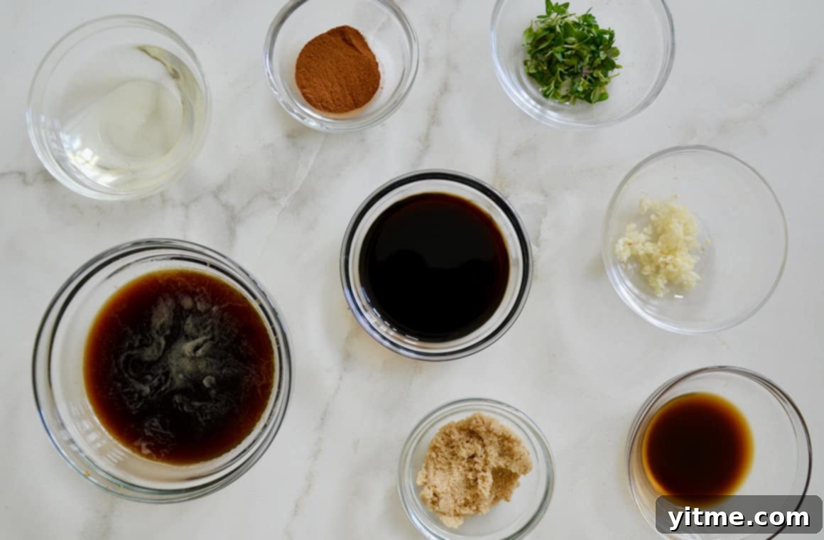 Glass bowls filled with steak marinade ingredients