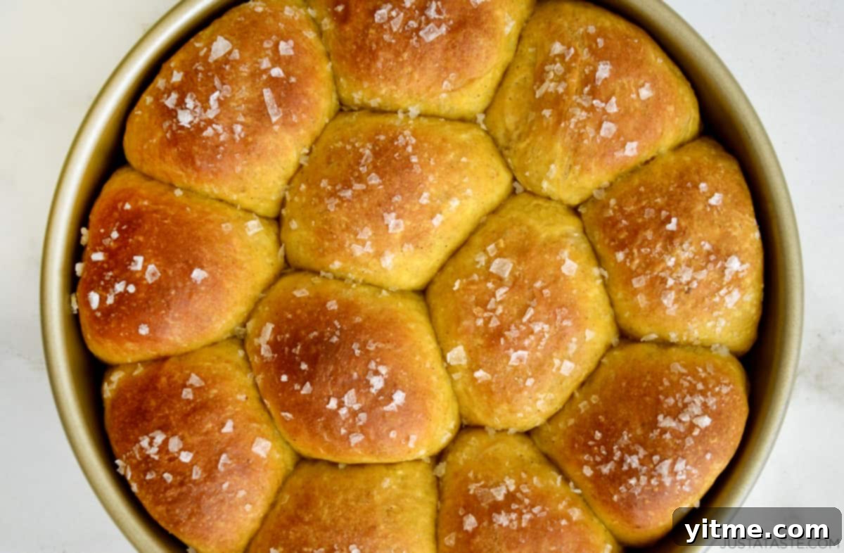 Buttery pumpkin bread rolls with sea salt in a baking dish.
