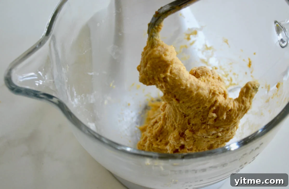 Pumpkin bread dough wrapped around the paddle attachment of a stand mixer.