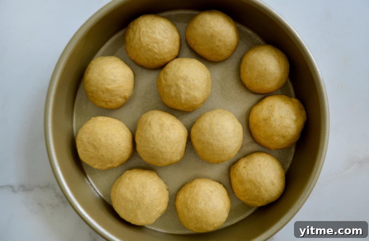 Circles of bread dough in a gold baking pan.