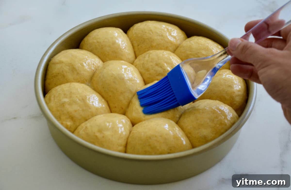 Unbaked dinner rolls being brushed with butter.
