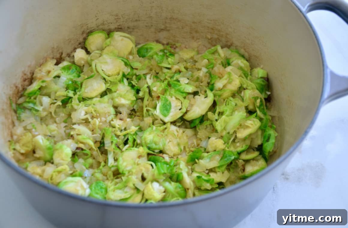 Tortellini Soup with Tuscan Kale 5 Sautéed Brussels sprouts in a large stockpot.