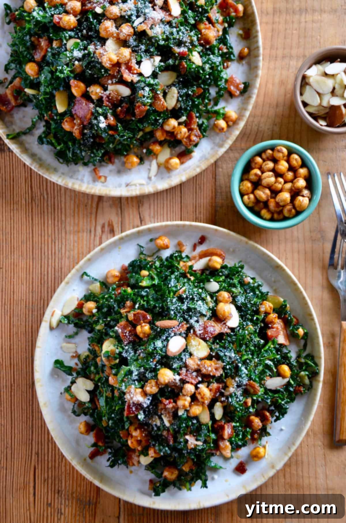 Kale salad topped with crispy chickpeas