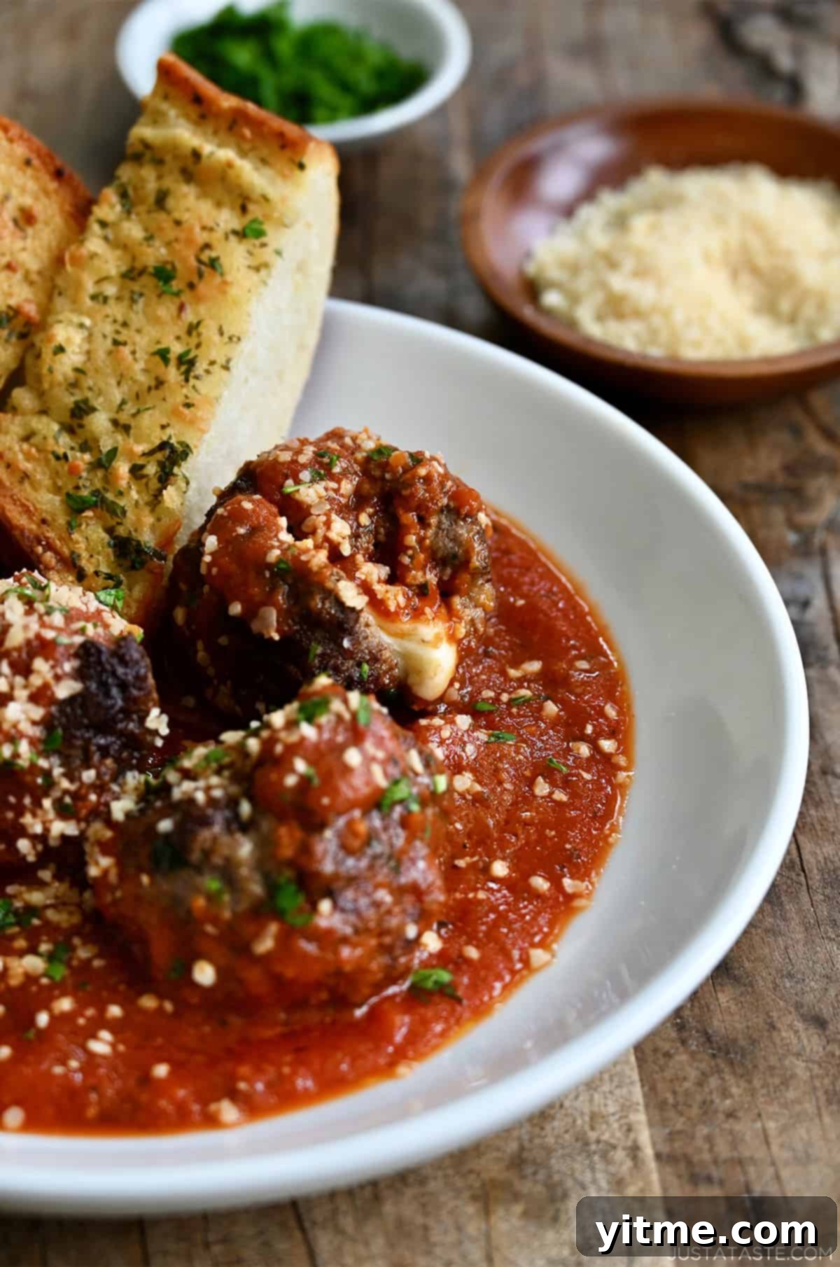 Mozzarella Stuffed Meatballs in a Bowl