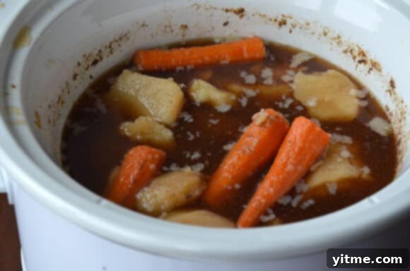 Crock Pot Beef and Bacon Hash with golden-brown crust Close-up of crispy Crock Pot Beef and Bacon Hash