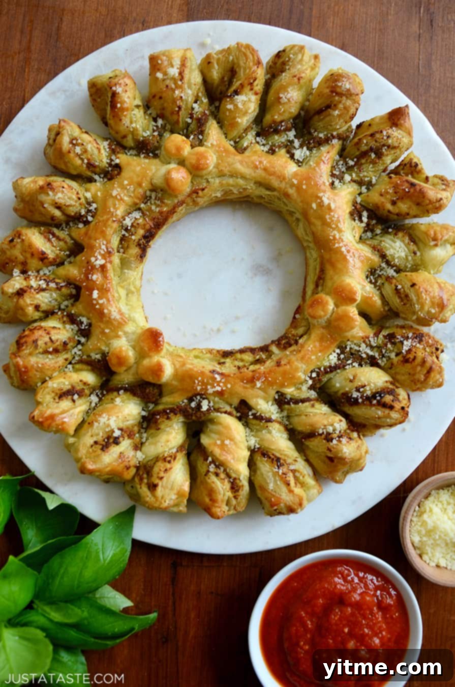Overhead view of a Pesto Puff Pastry Wreath