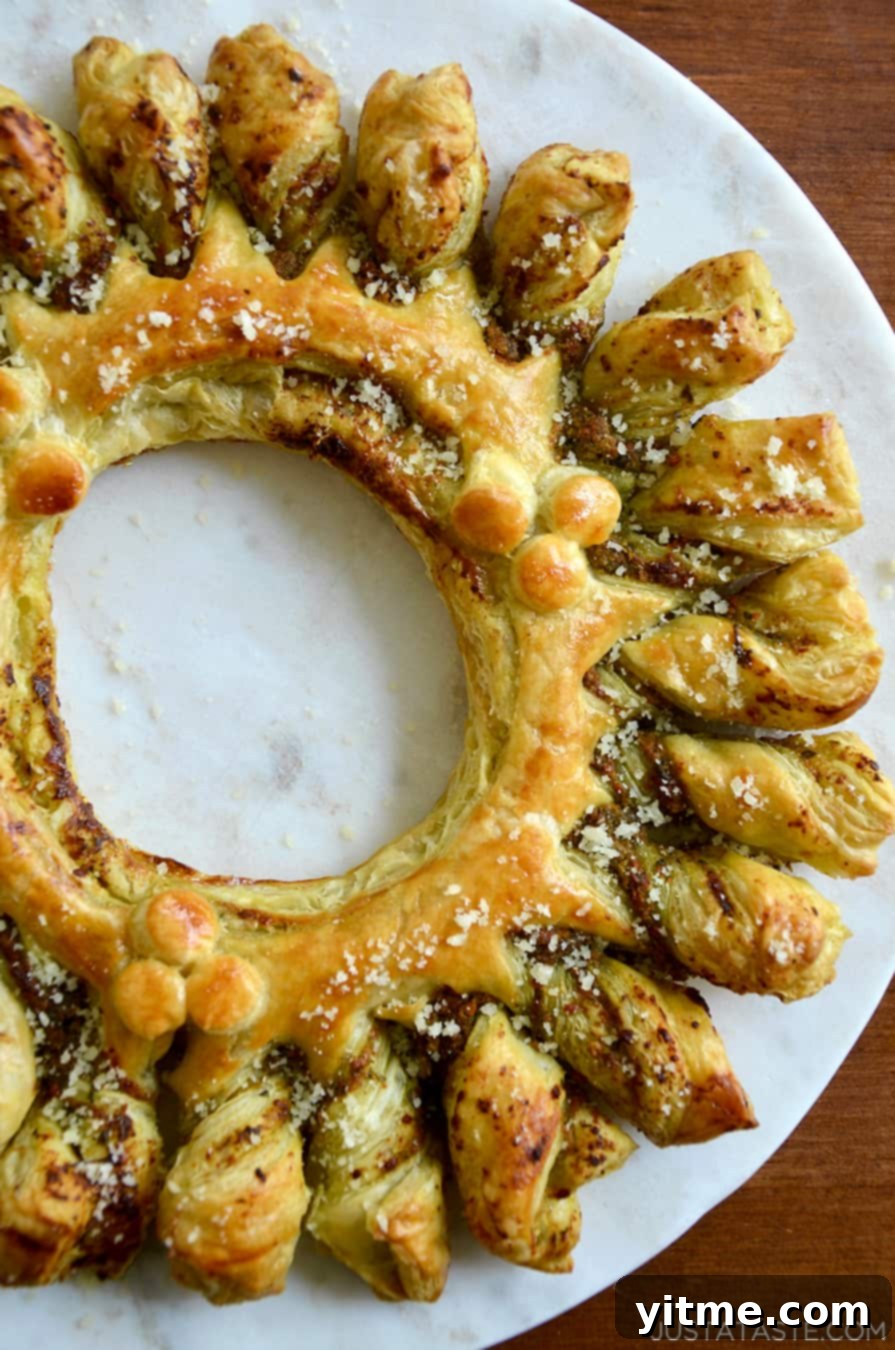 Close-up of a baked Pesto Puff Pastry Wreath
