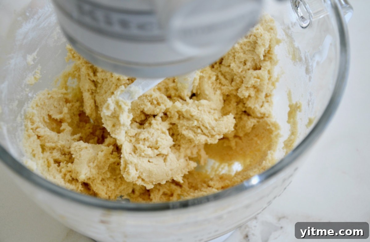 Sugar cookie dough being prepared in a stand mixer using a paddle attachment.