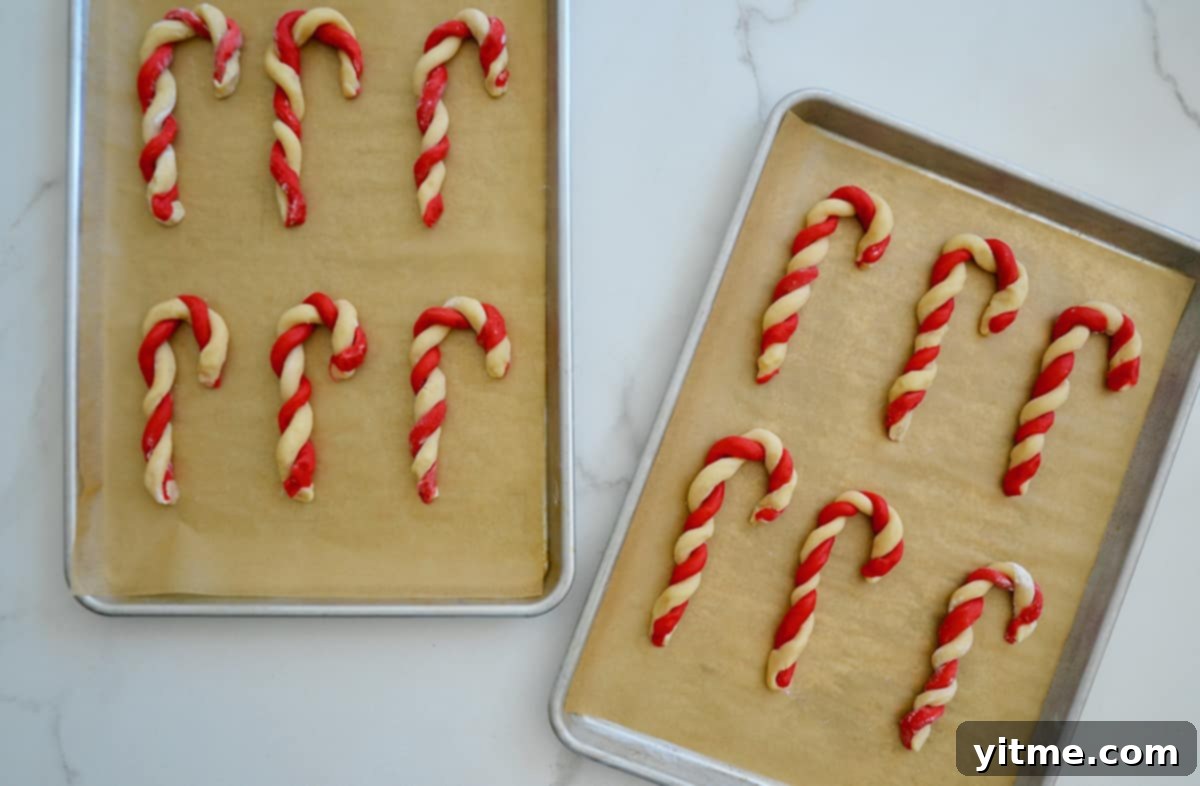 Unbaked candy cane cookies arranged on two baking sheets lined with parchment paper.