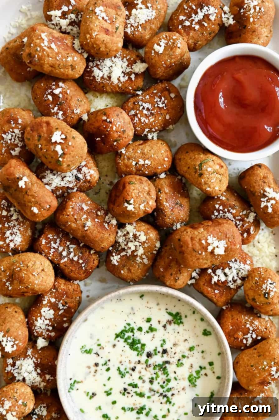 A top down view of air fryer sweet potato tots served with small bowls of Ranch and ketchup