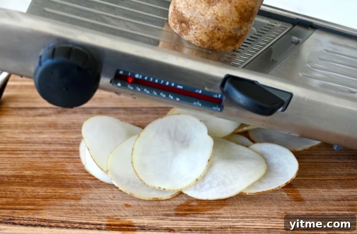 A mandolin creates thin, uniform slices of potato, essential for perfect homemade chips.