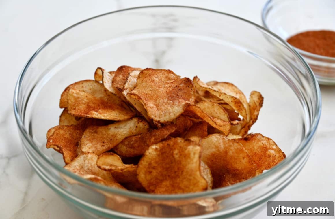 Freshly fried, golden brown homemade chips being tossed with a generous coating of barbecue seasoning in a clear glass bowl.