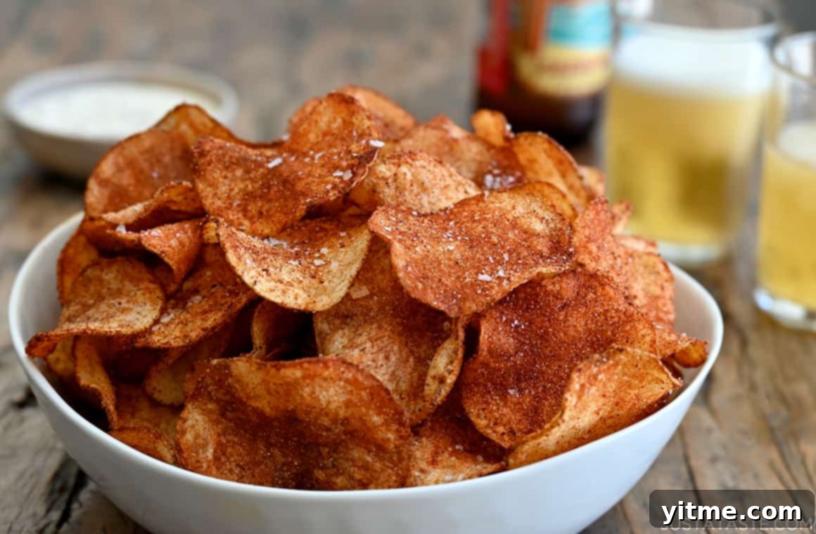 A large white serving bowl piled high with the best homemade barbecue potato chips, inviting and ready for snacking.