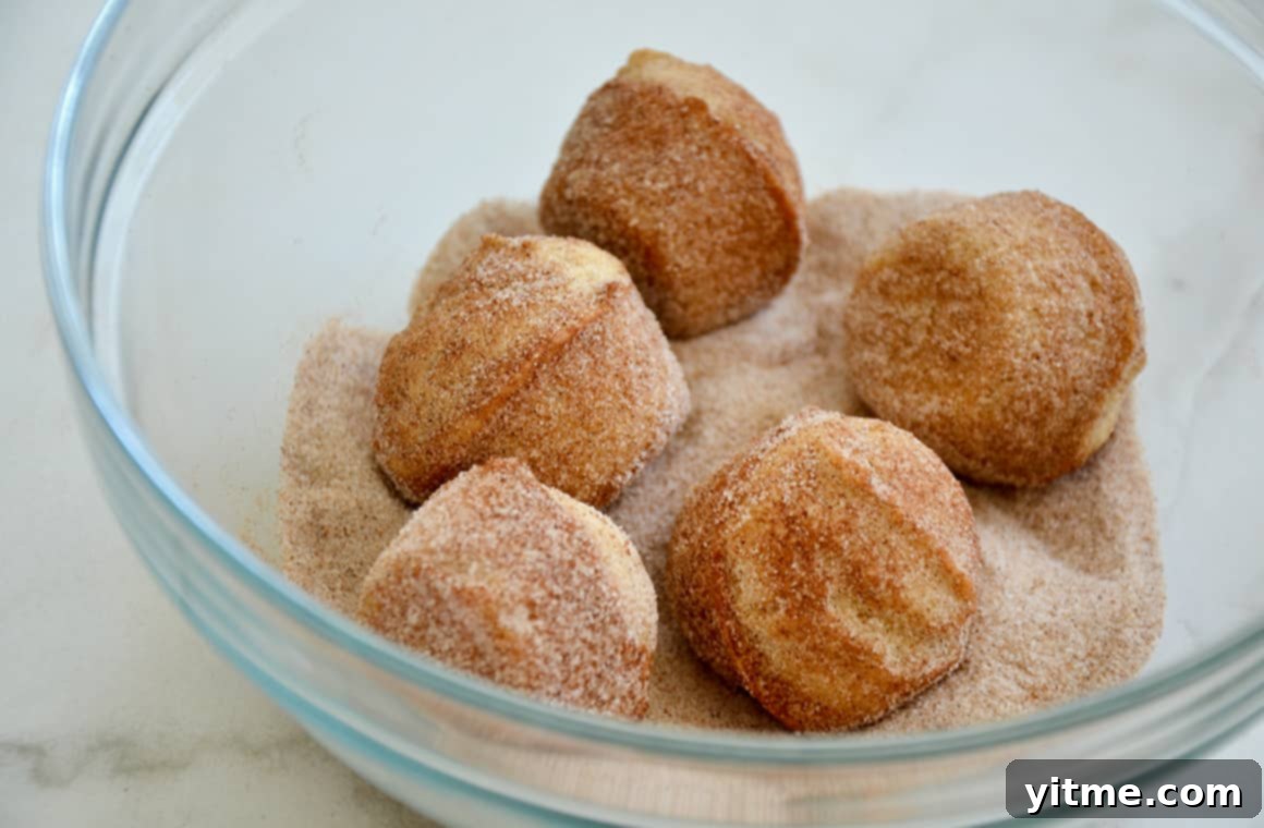 Sour Cream Doughnut Bites 6 Mini muffins being rolled in a cinnamon-sugar mixture in a clear glass bowl, showing the even coating that creates the signature doughnut flavor.