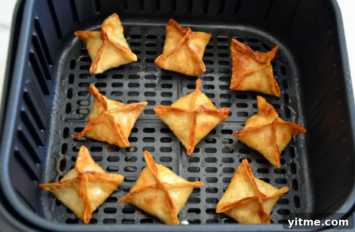 Creamy Air Fryer Wonton Bites 4 Crispy Air Fryer Cream Cheese Wontons cooking inside an air fryer basket.