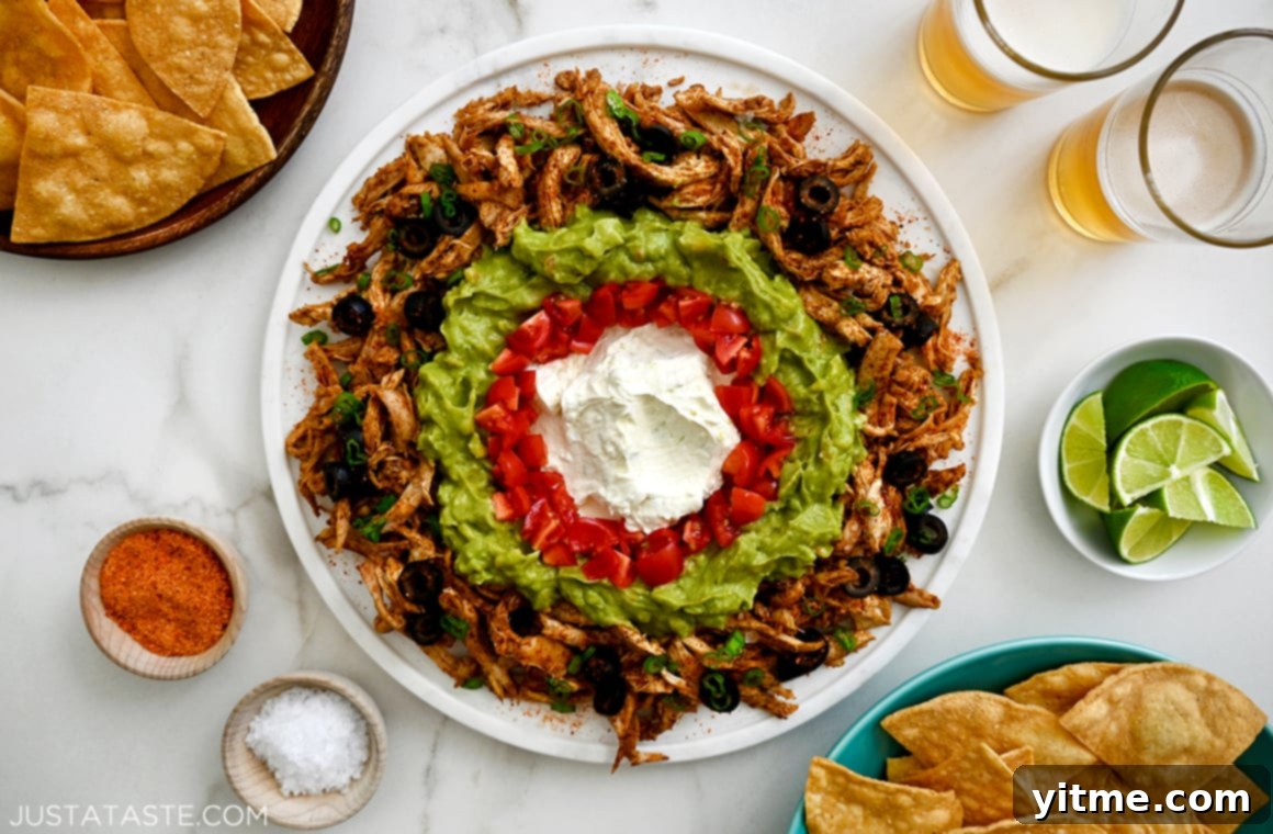 A vibrant platter of Rotisserie Chicken Taco Dip with a serving spoon, surrounded by an assortment of crunchy tortilla chips, perfect for dipping.