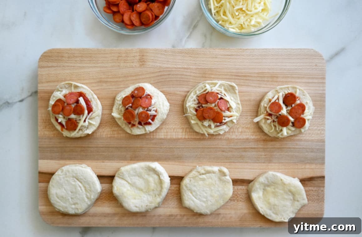 A wood cutting board containing biscuit dough rounds filled with marinara and various pizza toppings, ready for folding.