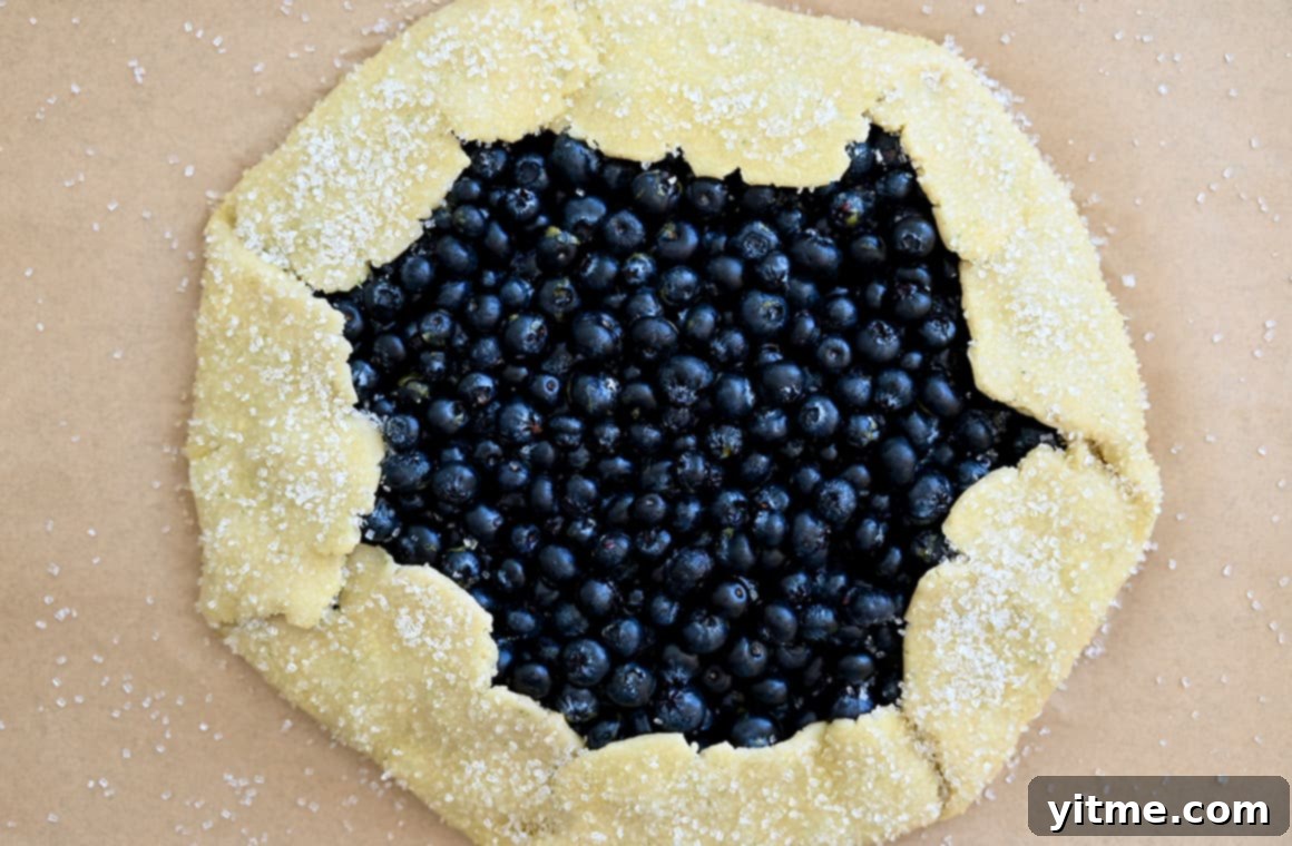 Rustic Blueberry Tart with Honey-Thyme Drizzle 6 Unbaked berry pie sprinkled with sanding sugar.