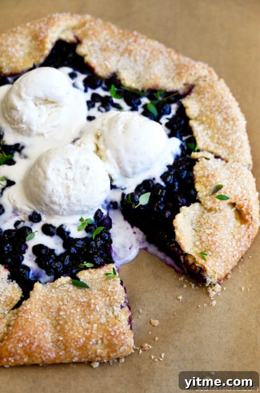 Rustic Blueberry Tart with Honey-Thyme Drizzle 8 Close-up of a homemade blueberry galette topped with three scoops of vanilla ice cream and garnished with fresh thyme.