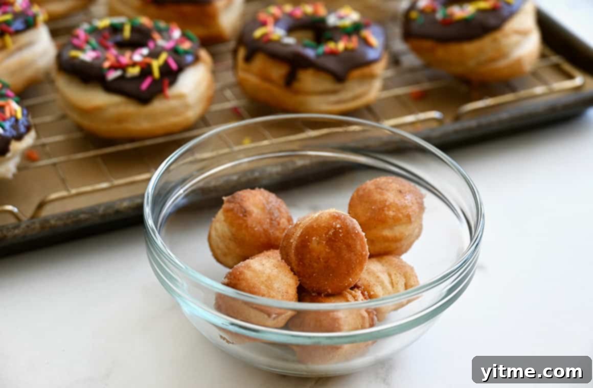 A clear bowl filled with perfectly air-fried doughnut holes, glistening and ready for a delicious coating or glaze.