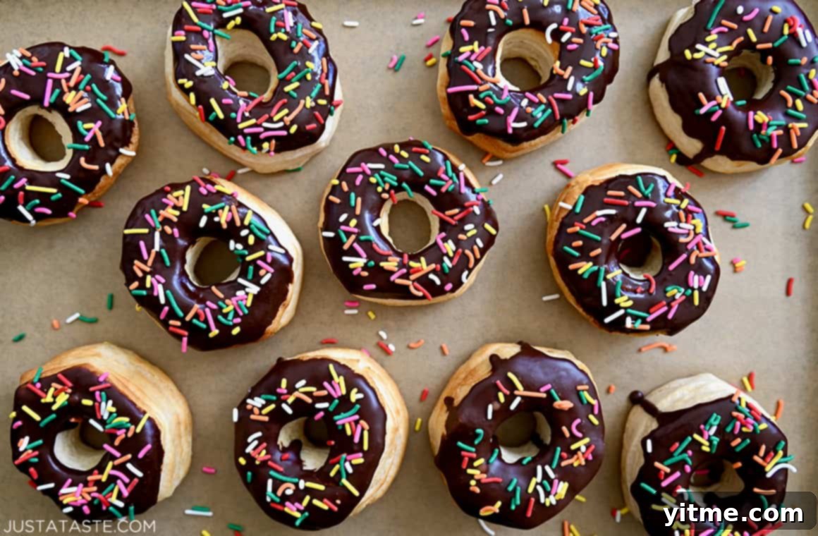 Easy Air Fryer Biscuit Doughnuts with chocolate glaze and rainbow sprinkles, artistically arranged on a white surface.