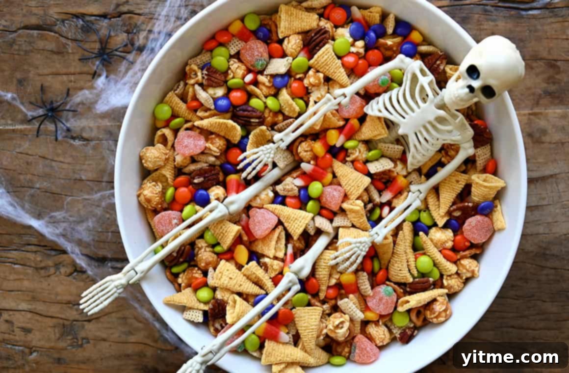 The best sweet and salty Halloween Snack Mix in a large serving bowl with a plastic skeleton