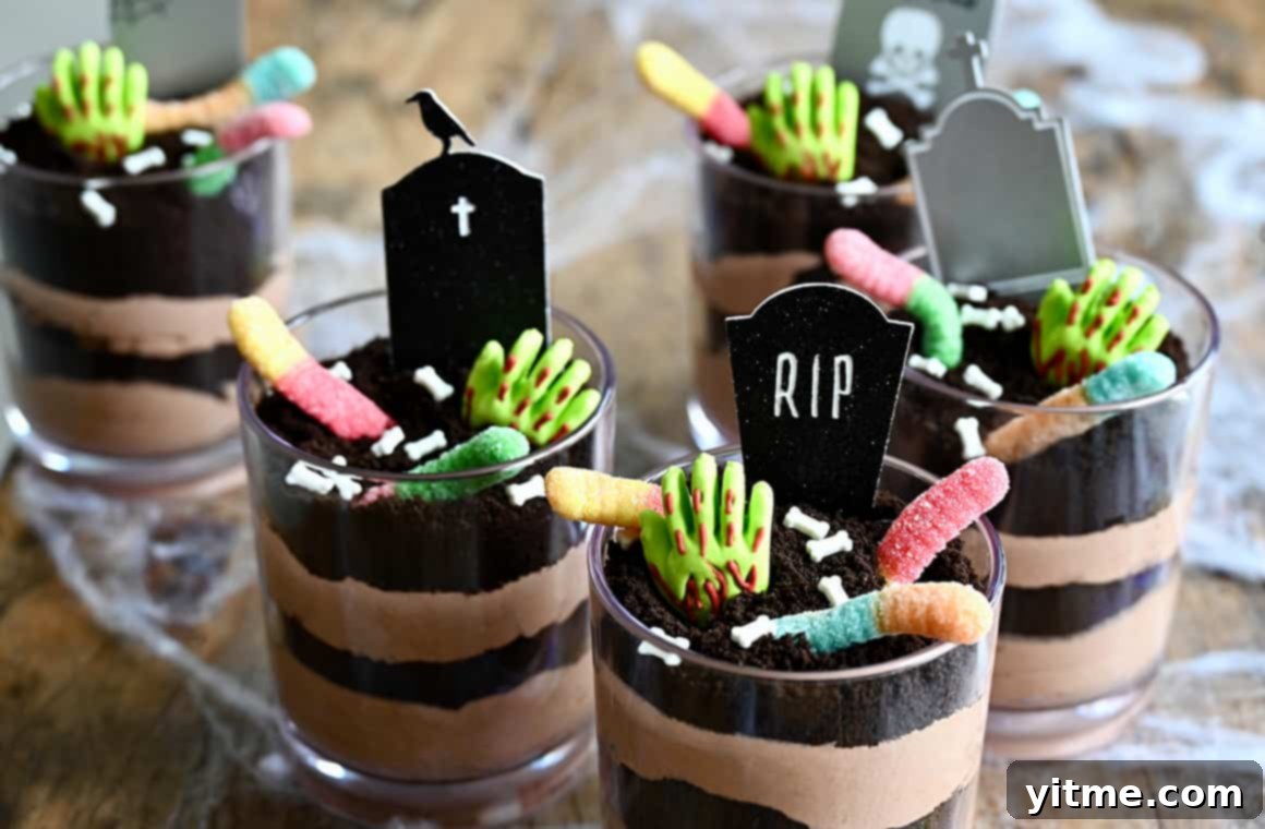 The ultimate Halloween Dirt Cups featuring candy bones, candy hands, gummy worms, and RIP signs