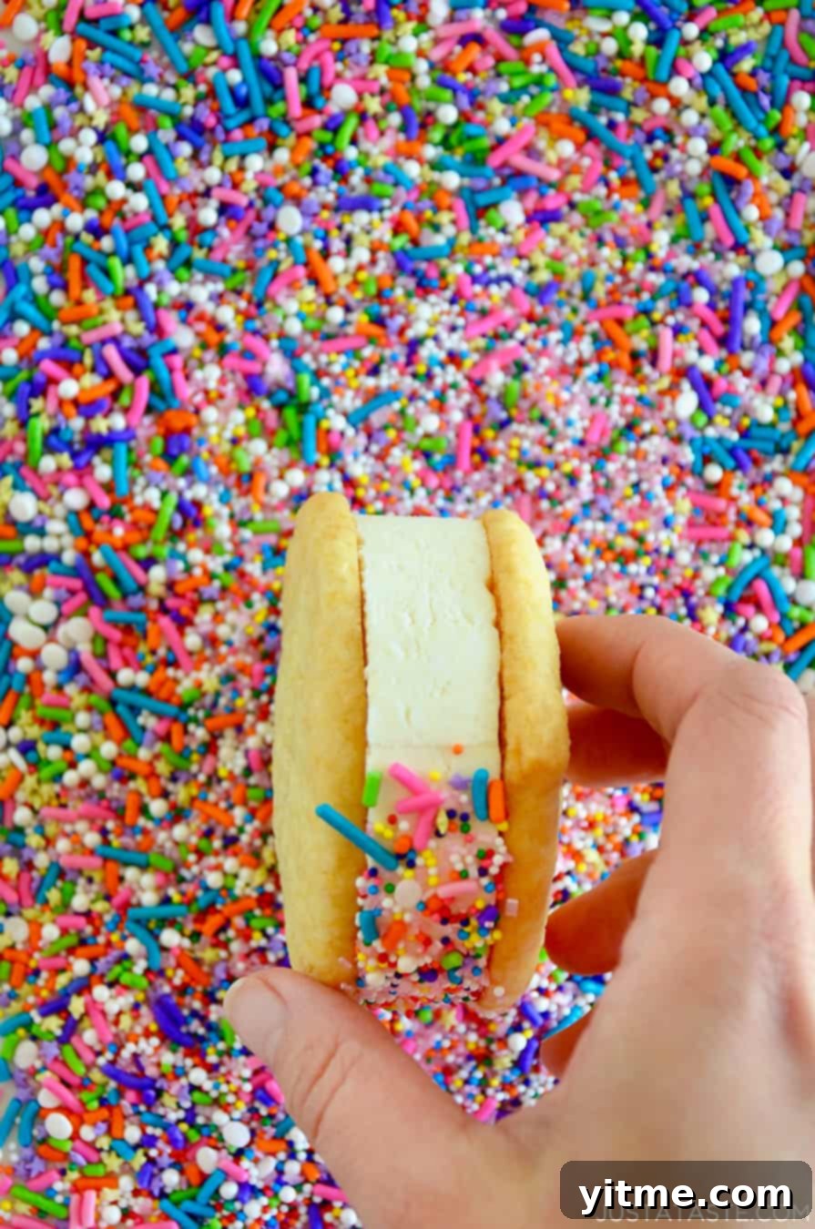 Zesty Lemonade Twists 3 An irresistible ice cream sandwich being generously rolled in colorful sprinkles