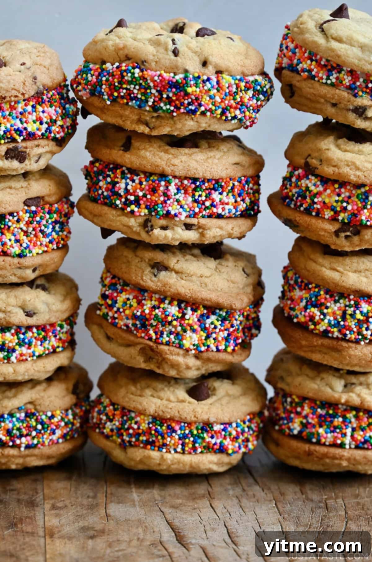 Delicious cookie ice cream sandwiches with vanilla ice cream and colorful rainbow sprinkles.