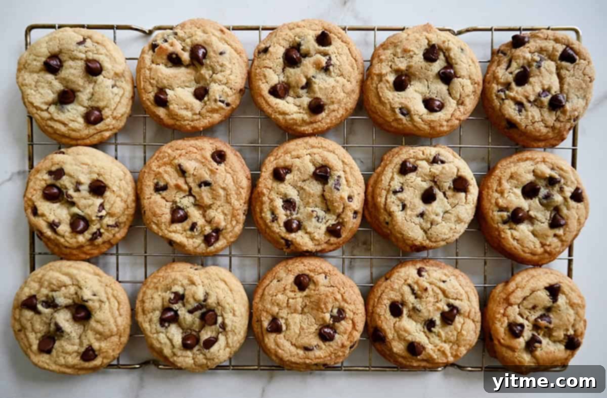 Freshly baked soft and chewy chocolate chip cookies cooling on a wire rack.