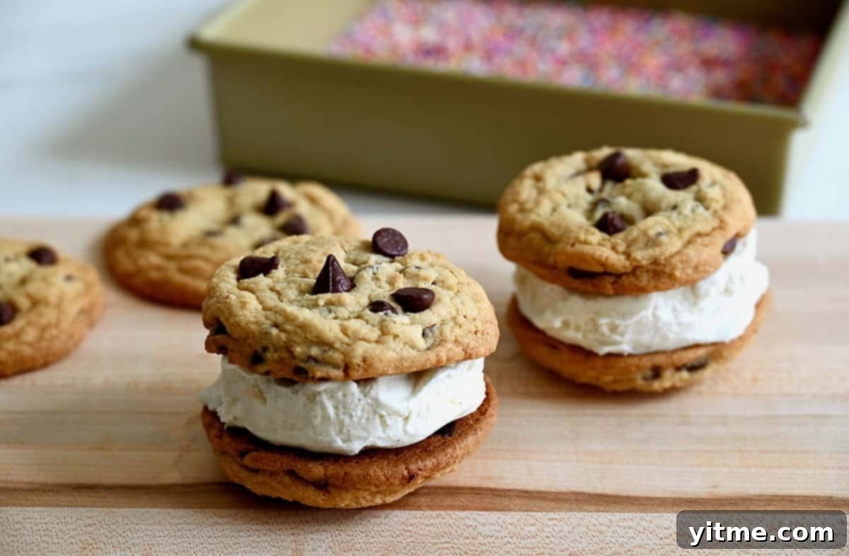 Chocolate chip cookie ice cream sandwiches with classic vanilla ice cream.