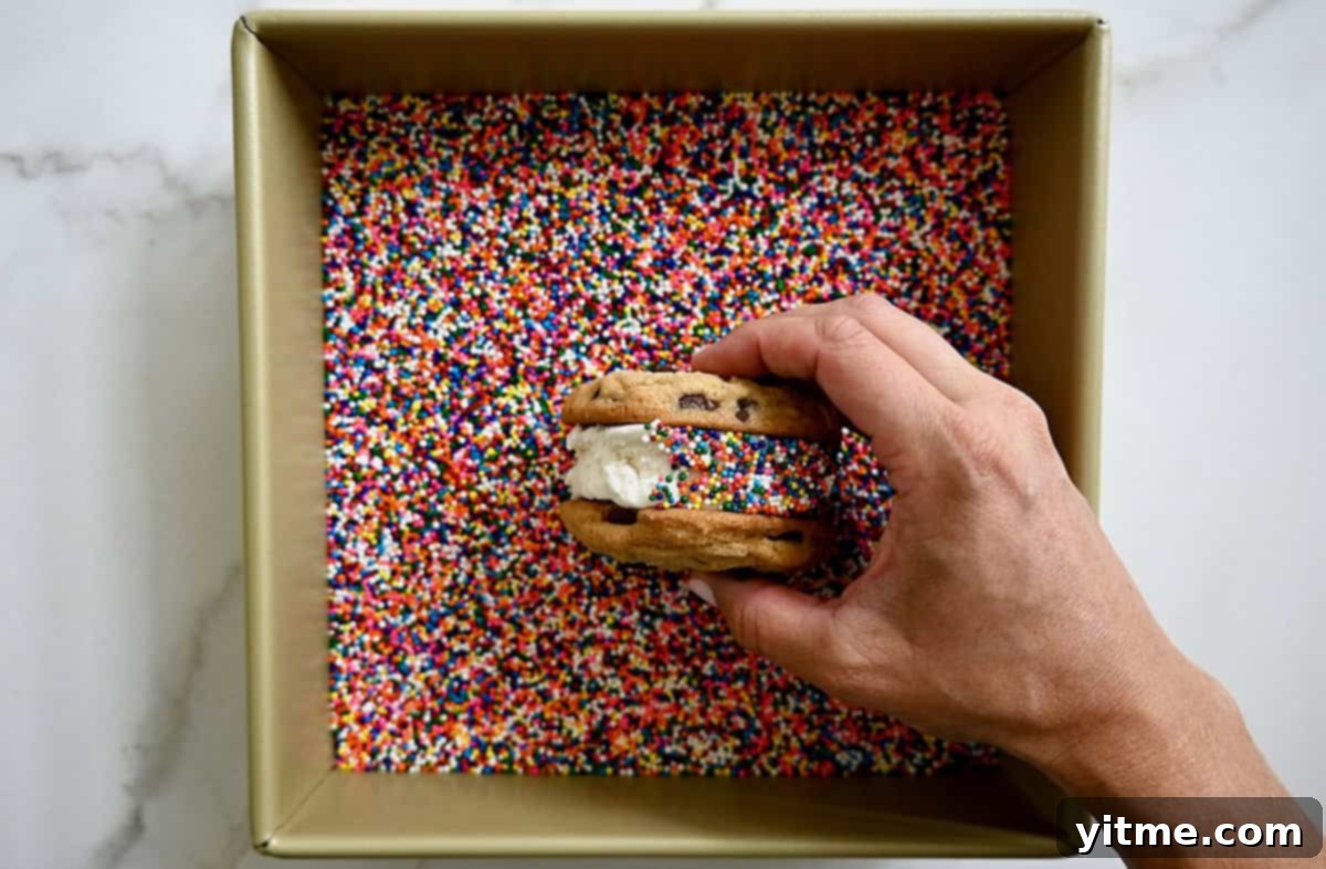 A homemade ice cream cookie sandwich being rolled in colorful rainbow sprinkles.