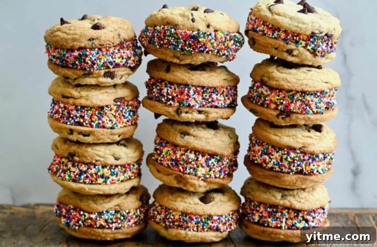 Three rows of neatly stacked cookie ice cream sandwiches, ready to be enjoyed.