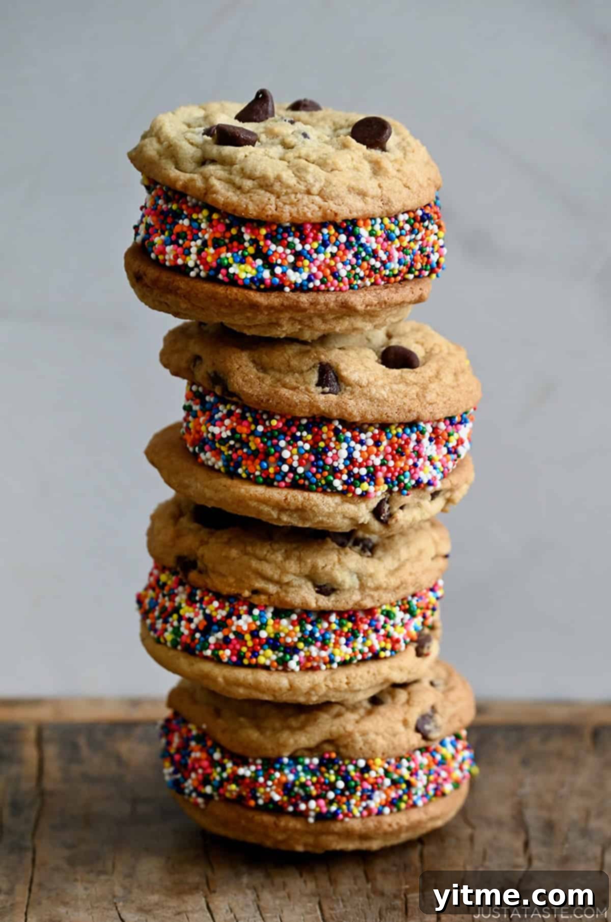 Stack of vanilla ice cream cookie sandwiches rolled in sprinkles.