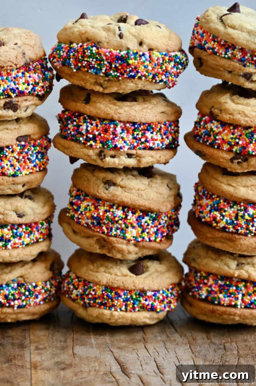 Three tall stacks of chocolate chip cookie ice cream sandwiches coated in rainbow sprinkles