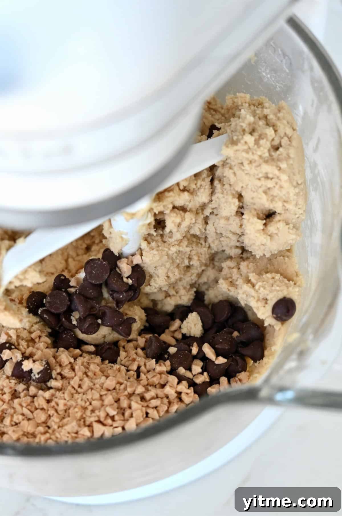 Toffee bits and chocolate chips in cookie dough