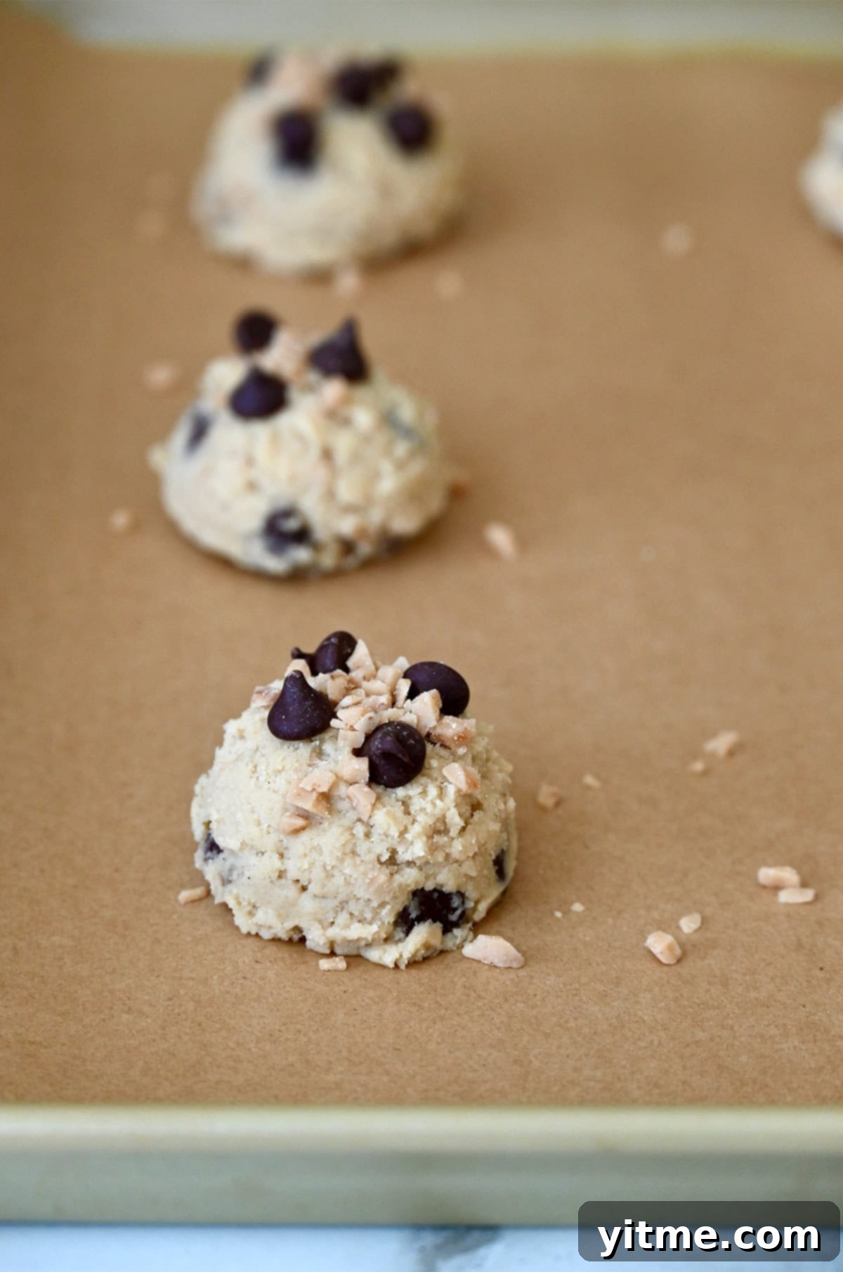 Cookie dough balls topped with chocolate chips