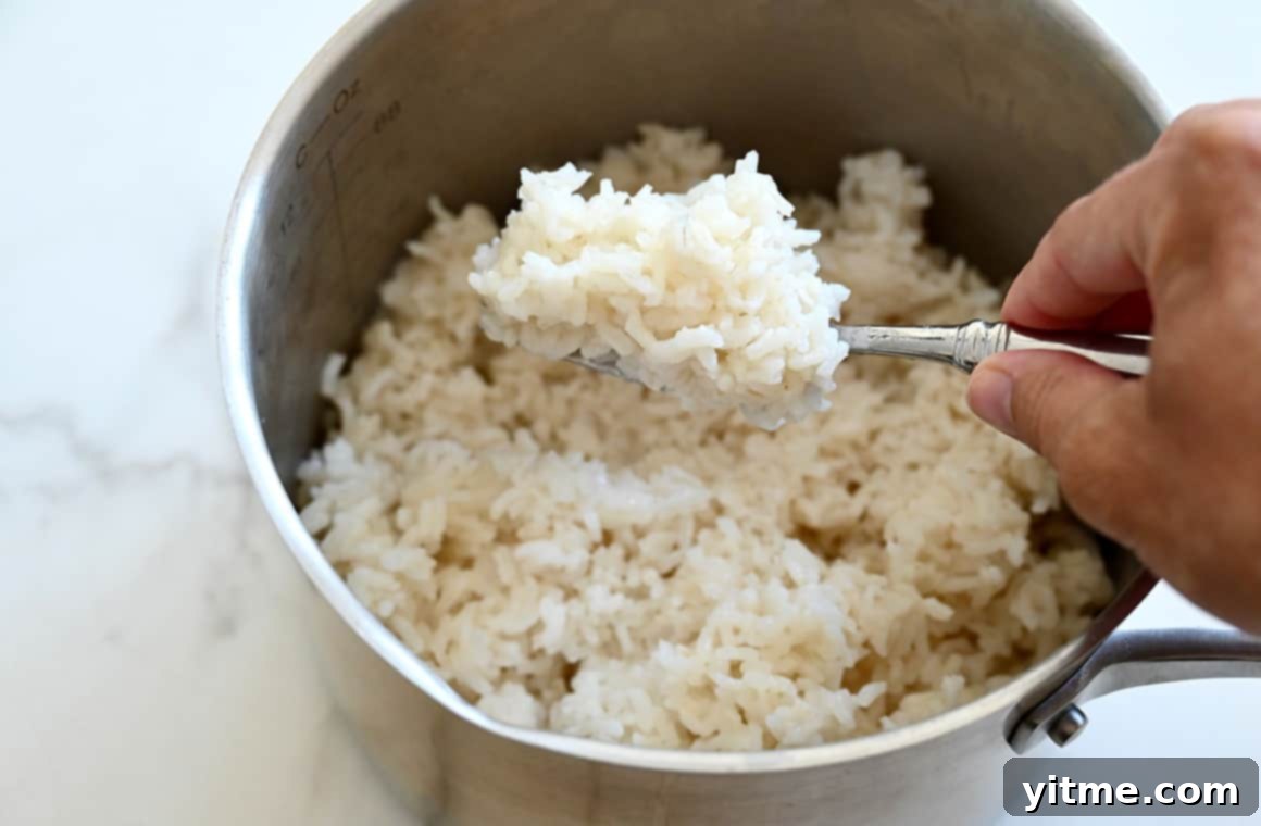 Luscious Coconut Rice: A Tropical Culinary Delight 5 Fork fluffing cooked rice in a pot