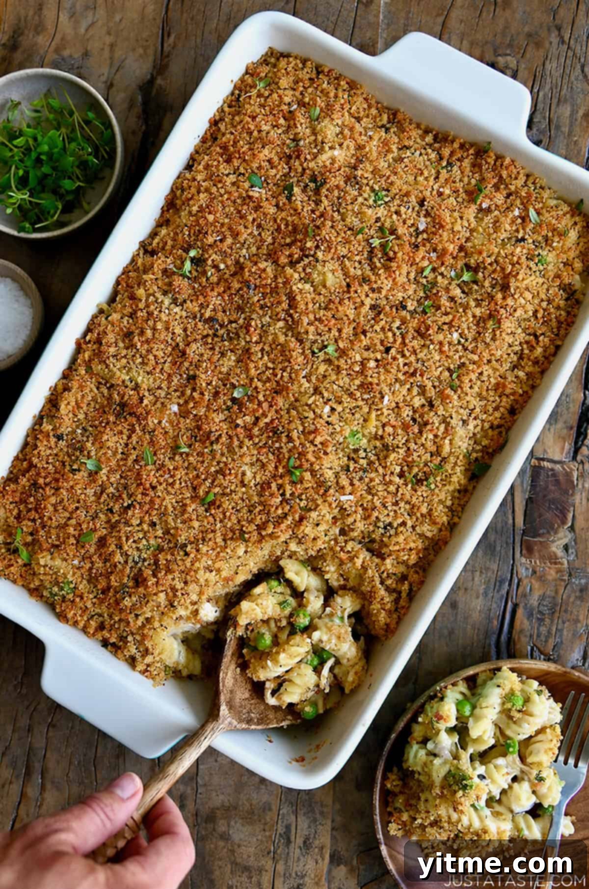 Effortless Turkey Tetrazzini 2 Easy Turkey Tetrazzini in a large white baking dish, ready to serve.