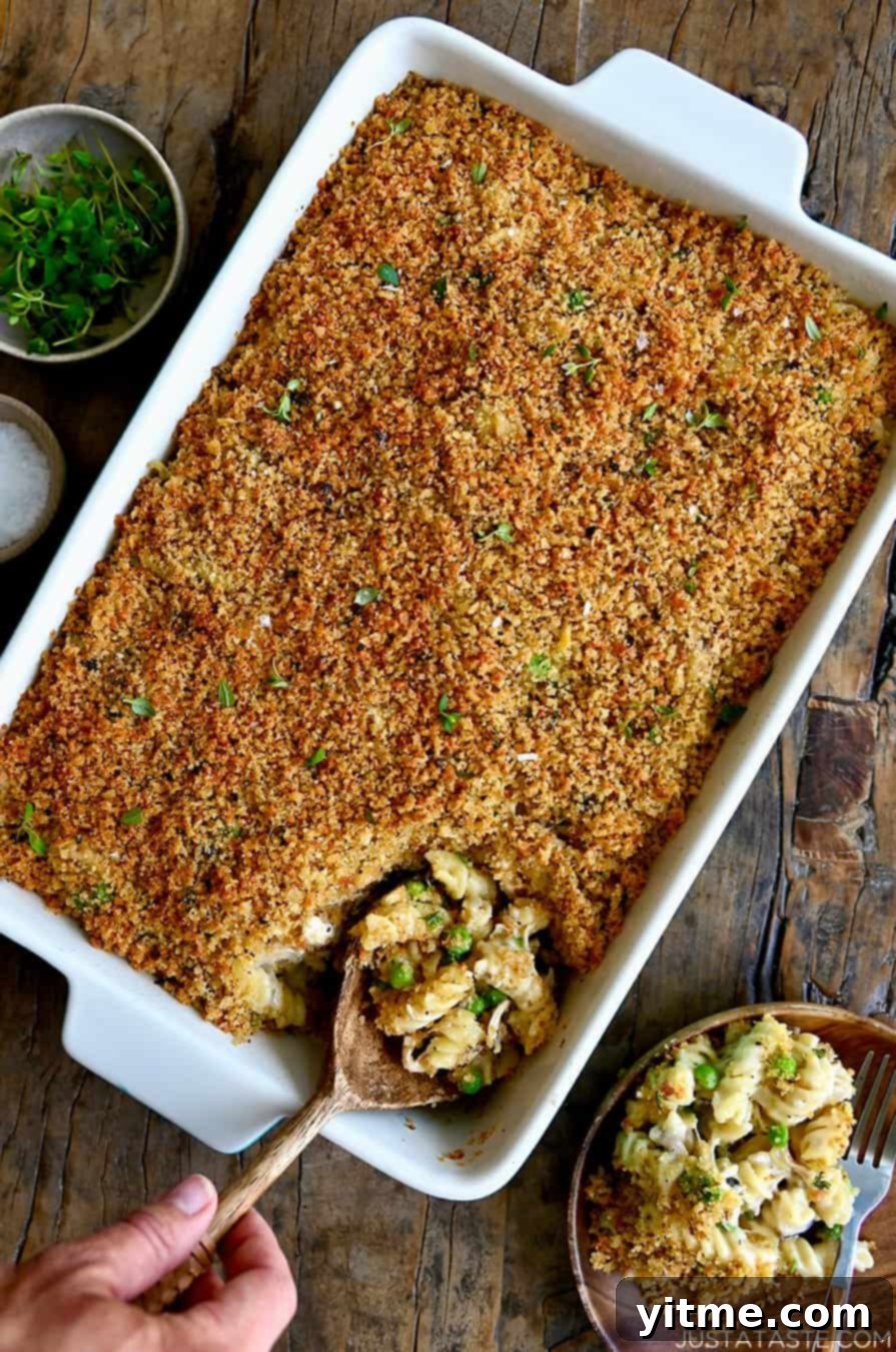 Effortless Turkey Tetrazzini 8 A top-down view of Easy Turkey Tetrazzini in a large white baking dish