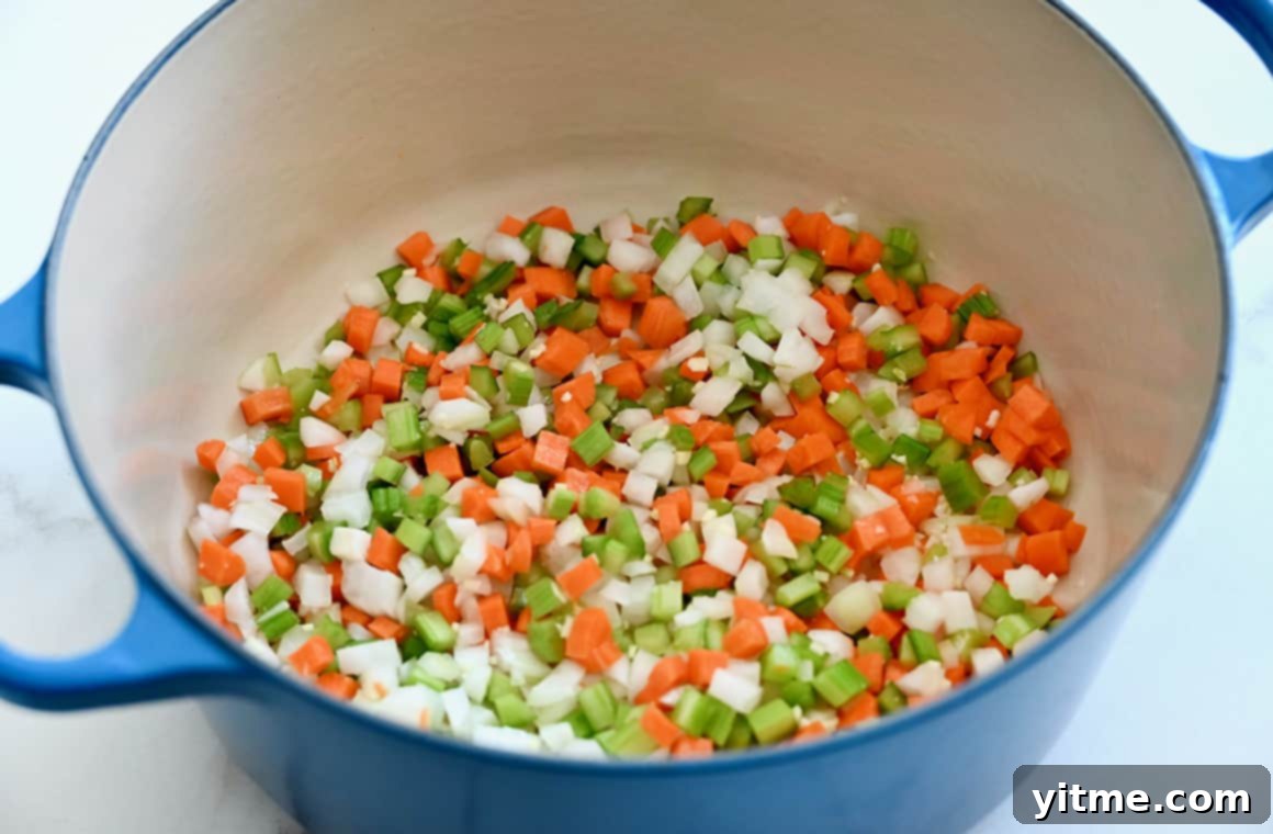 Hearty Turkey Noodle Soup 3 Mirepoix in a large pot