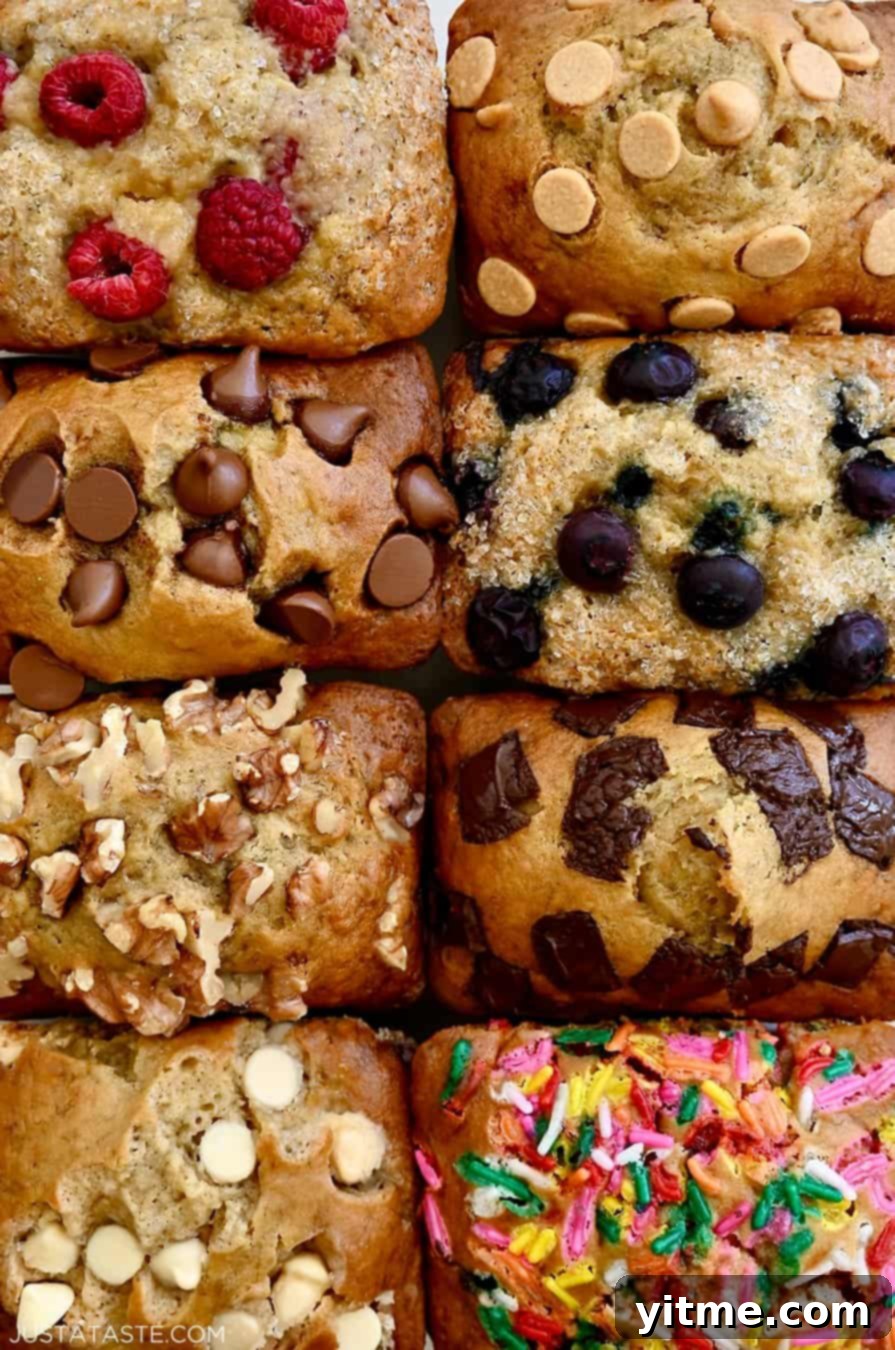 Mini Banana Bread Bites 6 A tempting close-up of moist mini banana bread loaves, each showcasing a unique array of toppings including fresh berries, chocolate chips, walnuts, and vibrant rainbow sprinkles, creating a feast for the eyes and the taste buds.
